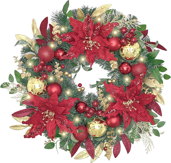 Pre-Lit 24 Inch Luxury Red Gold Lighted Christmas Wreath