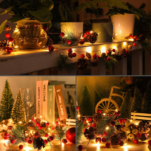 Christmas Garland with Lights, Red Berry Pine Cone 6.5FT 20 LED Garland Lights Battery Operated, Led Garland String Lights, Christmas Decorations for Home Indoor Fireplace Mantel Xmas Decor